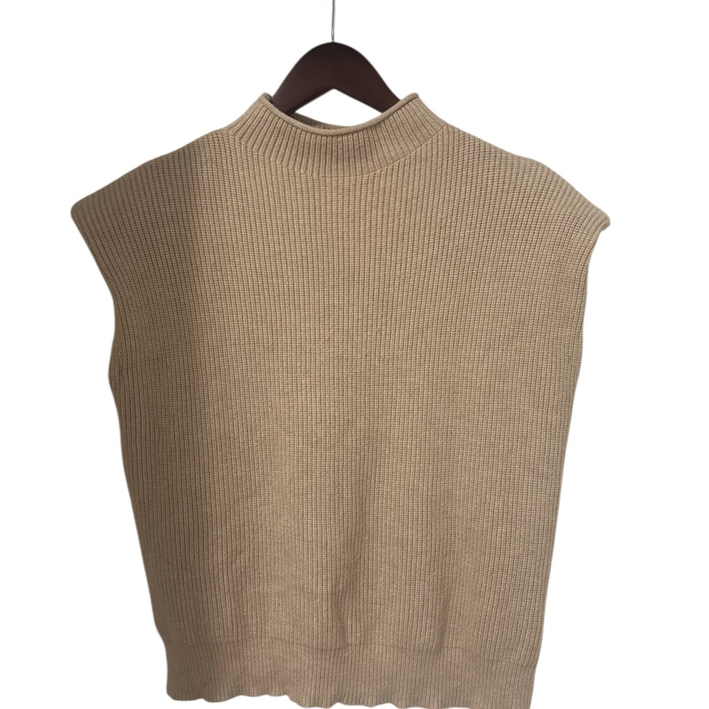 Women's Mock Neck Tan/Beige Cap Sleeves Shoulder Pads Large Amazon Essentials